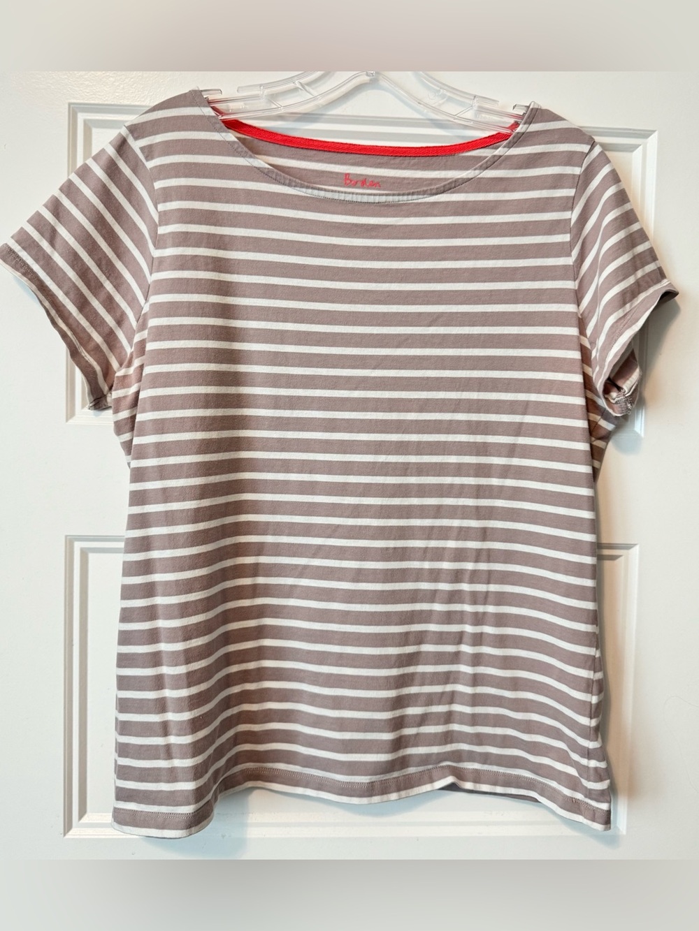 Boden Striped Cotton Tee Taupe White Short Sleeve Top Approx. Medium